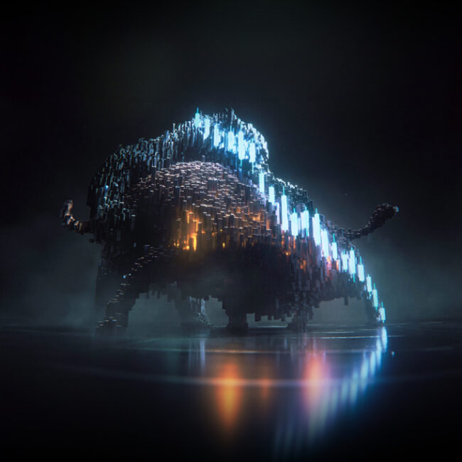3D bull and bear with lights attacking each other resembling stock market diagrams from The Clash image film project.