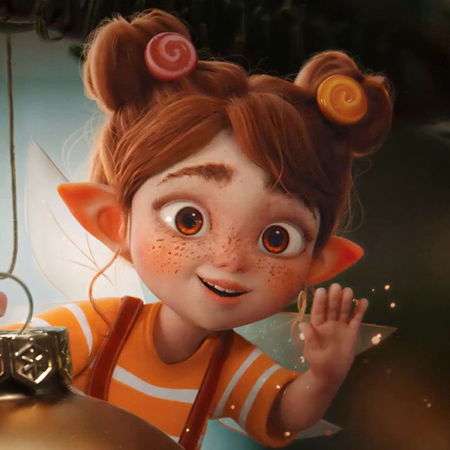 Close-up of Elfie, a smiling red-haired CG Christmas elf holding a BILLA Genusswelt ornament.
