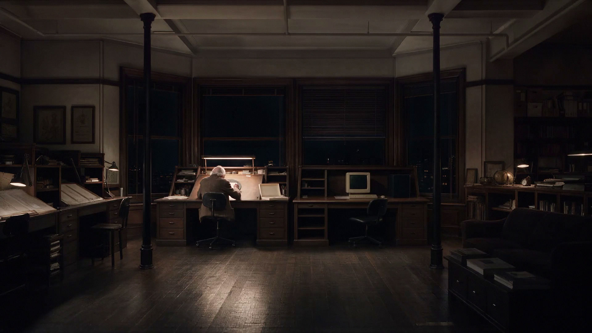 Cinematic still from THE SPIRAL showing an artist seated at a drafting table in a dark studio, created with Moonrock’s AI filmmaking system.