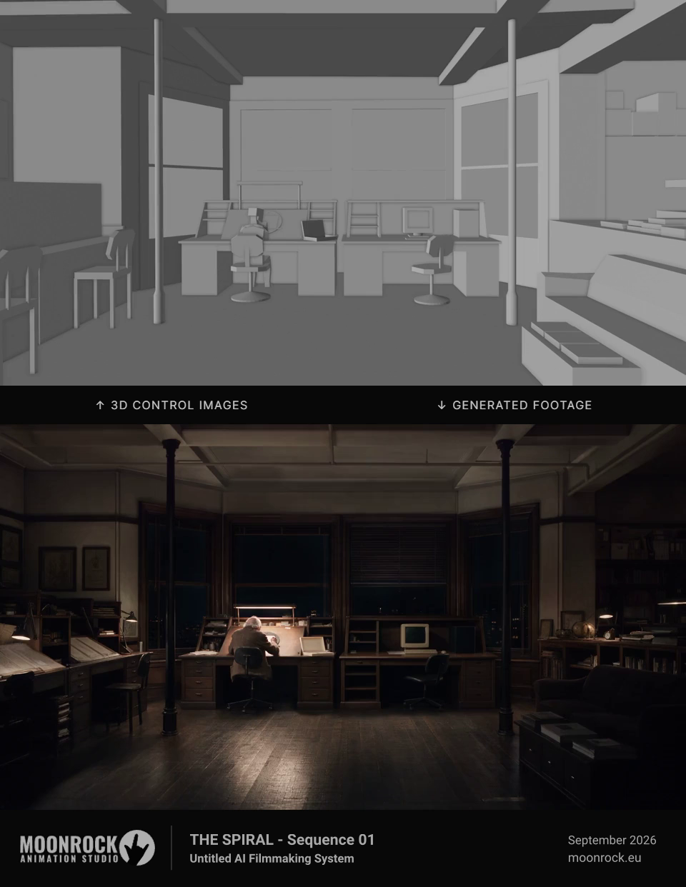 Comparison of a Blender 3D control layout and the final generated shot from THE SPIRAL, showing matched camera framing and studio composition.